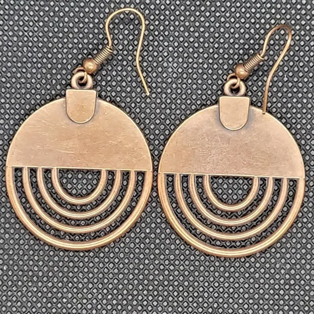 Copper Tone Abstract Textured Circle‎ Dangle Earrings Boho Revival Festival